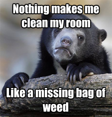 Nothing makes me clean my room Like a missing bag of weed - Nothing makes me clean my room Like a missing bag of weed  Confession Bear