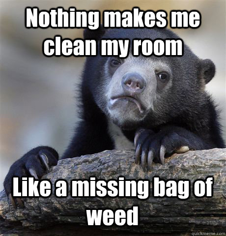 Nothing makes me clean my room Like a missing bag of weed  Confession Bear