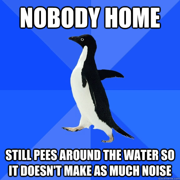 nobody home still pees around the water so it doesn't make as much noise  Socially Awkward Penguin