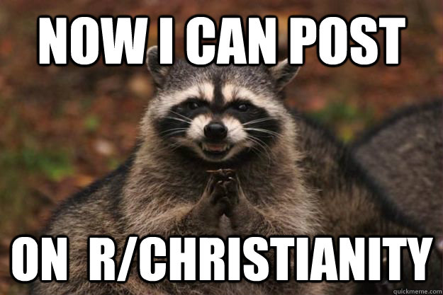now I can post on  r/christianity  Evil Plotting Raccoon