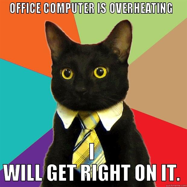 Problem solver - OFFICE COMPUTER IS OVERHEATING  I WILL GET RIGHT ON IT. Business Cat