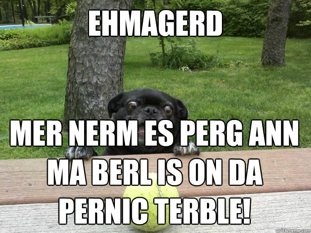 EHMAGERD mer nerm es perg ann ma berl is on da pernic terble!  Berks Dog