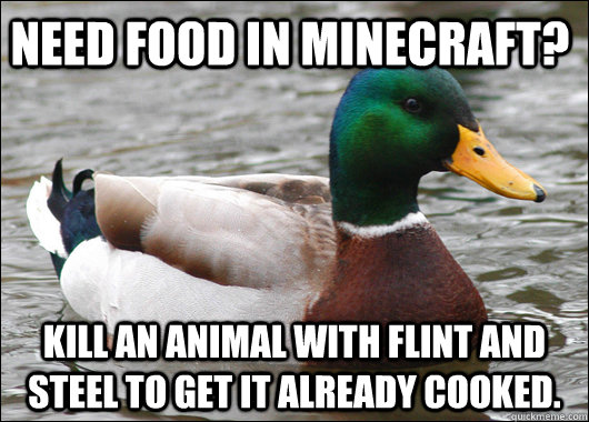 Need food in minecraft? Kill an animal with flint and steel to get it already cooked.  Actual Advice Mallard