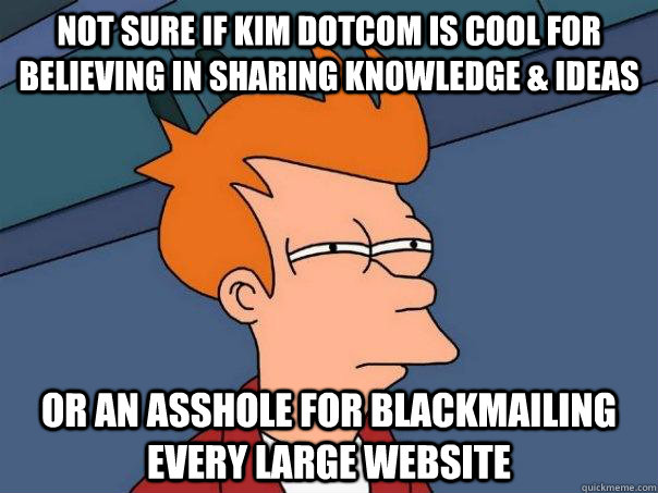 Not sure if Kim Dotcom is cool for believing in sharing knowledge & ideas or an asshole for blackmailing every large website  Futurama Fry