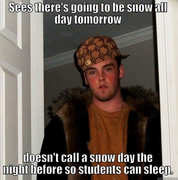 SEES THERE'S GOING TO BE SNOW ALL DAY TOMORROW DOESN'T CALL A SNOW DAY THE NIGHT BEFORE SO STUDENTS CAN SLEEP. Scumbag Steve