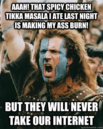 Aaah! That spicy Chicken Tikka Masala I ate last night is making my ass burn! but they will never take our internet  SOPA Opposer