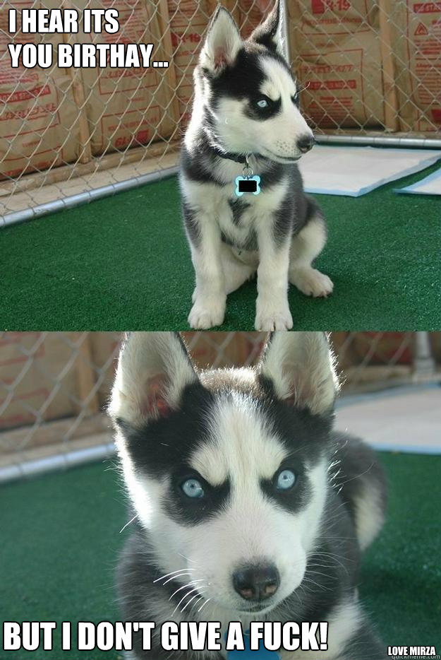 I hear its 
you birthay... But i don't give a fuck! Love Mirza  Insanity puppy