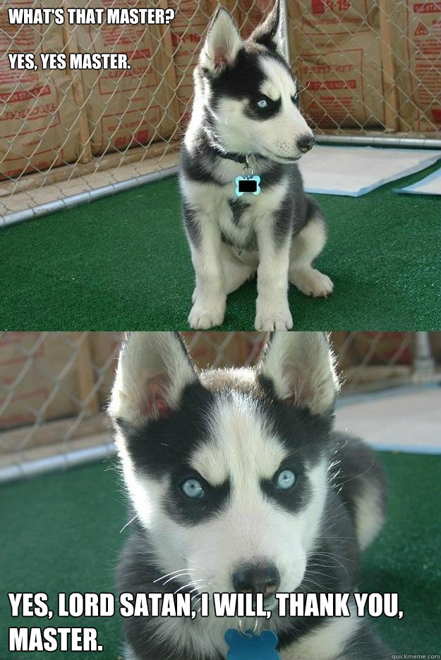 What's that master?

Yes, yes master. Yes, Lord Satan, I will, thank you, master.  Insanity puppy