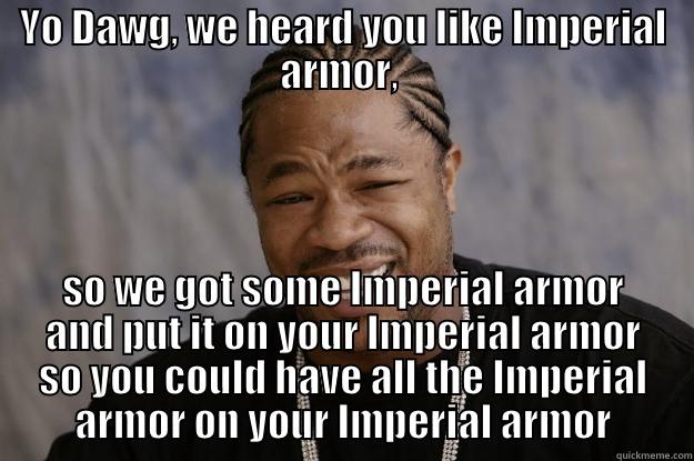 dafuq are you writin' - YO DAWG, WE HEARD YOU LIKE IMPERIAL ARMOR,  SO WE GOT SOME IMPERIAL ARMOR AND PUT IT ON YOUR IMPERIAL ARMOR SO YOU COULD HAVE ALL THE IMPERIAL ARMOR ON YOUR IMPERIAL ARMOR Xzibit meme