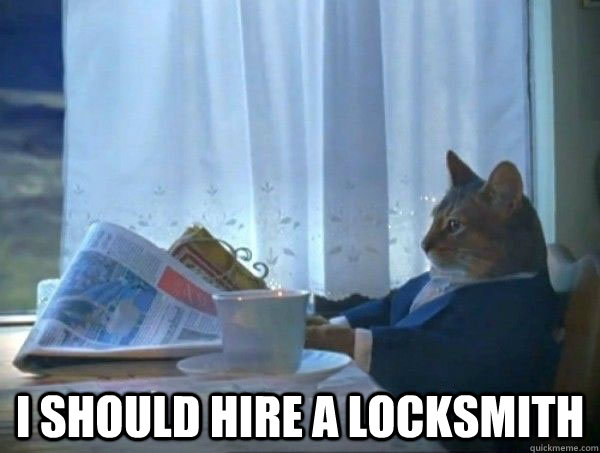  I should hire a locksmith  morning realization newspaper cat meme