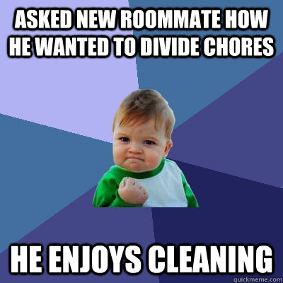 Asked new roommate how he wanted to divide chores he enjoys cleaning  Success Kid