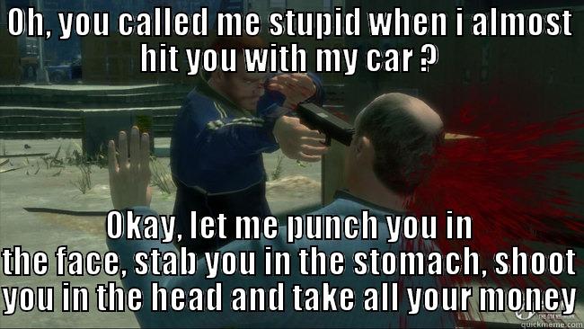 OH, YOU CALLED ME STUPID WHEN I ALMOST HIT YOU WITH MY CAR ? OKAY, LET ME PUNCH YOU IN THE FACE, STAB YOU IN THE STOMACH, SHOOT YOU IN THE HEAD AND TAKE ALL YOUR MONEY Misc