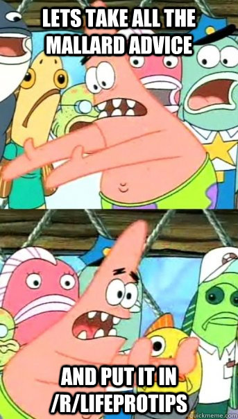 Lets take all the mallard advice and put it in /r/lifeprotips  Push it somewhere else Patrick