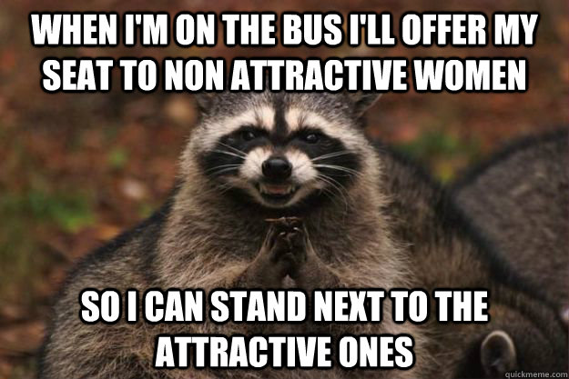 When I'm on the bus I'll offer my seat to non attractive women so I can stand next to the attractive ones  Evil Plotting Raccoon