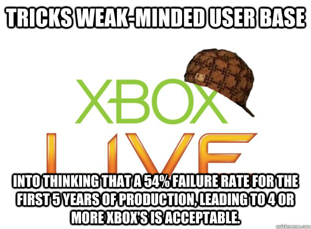 tricks weak-minded user base  into thinking that a 54% failure rate for the first 5 years of production, leading to 4 or more xbox's is acceptable.  Scumbag Xbox Live