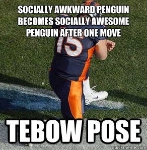 Socially awkward penguin becomes socially awesome penguin after one move Tebow Pose  Tebowing