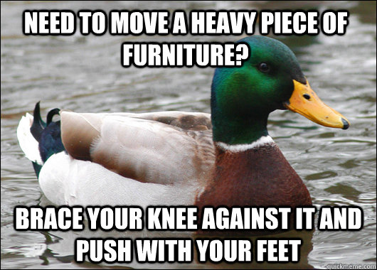 need to move a heavy piece of furniture? brace your knee against it and push with your feet - need to move a heavy piece of furniture? brace your knee against it and push with your feet  Actual Advice Mallard