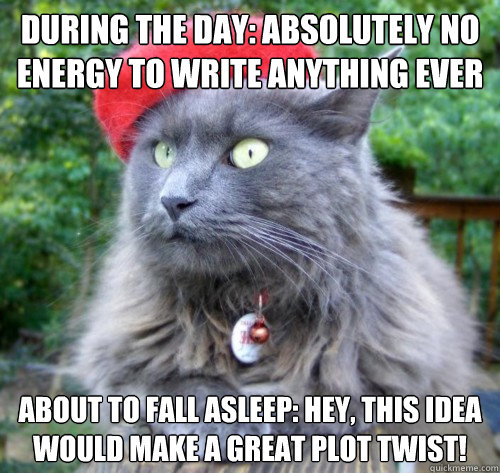 During the day: absolutely no energy to write anything ever About to fall asleep: hey, this idea would make a great plot twist!   