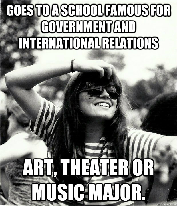 Goes to a school famous for government and international relations Art, theater or music major. - Goes to a school famous for government and international relations Art, theater or music major.  Georgetown Hipster