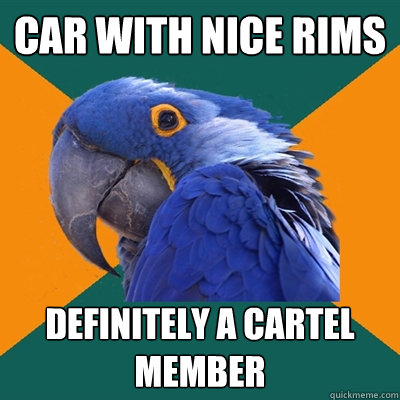 Car with nice rims definitely a cartel member  Paranoid Parrot
