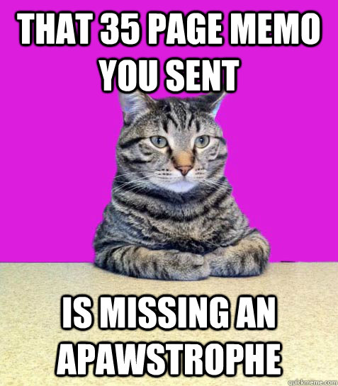 That 35 page memo you sent is missing an apawstrophe - That 35 page memo you sent is missing an apawstrophe  Disappointed Boss Cat