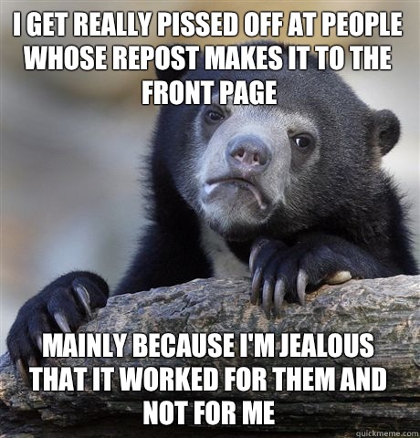 I get really pissed off at people whose repost makes it to the front page Mainly because I'm jealous that it worked for them and not for me  Confession Bear