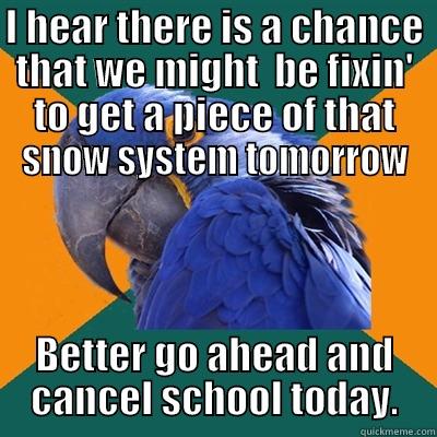 I HEAR THERE IS A CHANCE THAT WE MIGHT  BE FIXIN' TO GET A PIECE OF THAT SNOW SYSTEM TOMORROW BETTER GO AHEAD AND CANCEL SCHOOL TODAY. Paranoid Parrot