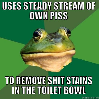 USES STEADY STREAM OF OWN PISS TO REMOVE SHIT STAINS IN THE TOILET BOWL Foul Bachelor Frog
