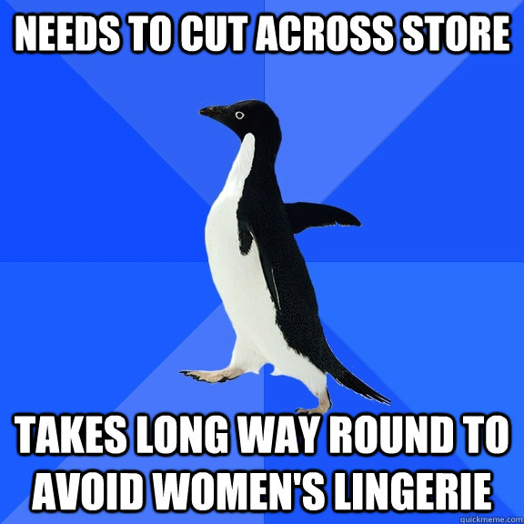 needs to cut across store takes long way round to avoid women's lingerie  Socially Awkward Penguin