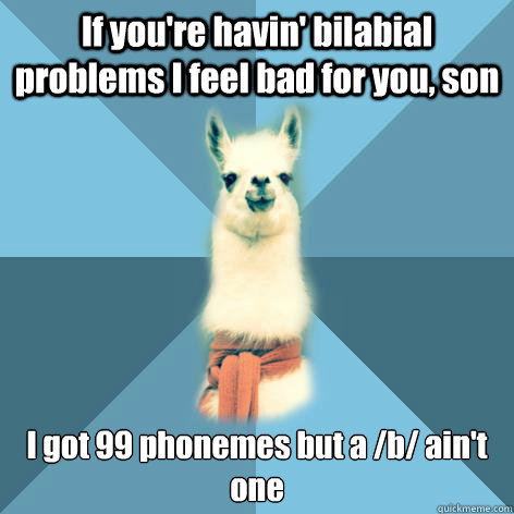 If you're havin' bilabial problems I feel bad for you, son I got 99 phonemes but a /b/ ain't one - If you're havin' bilabial problems I feel bad for you, son I got 99 phonemes but a /b/ ain't one  Linguist Llama