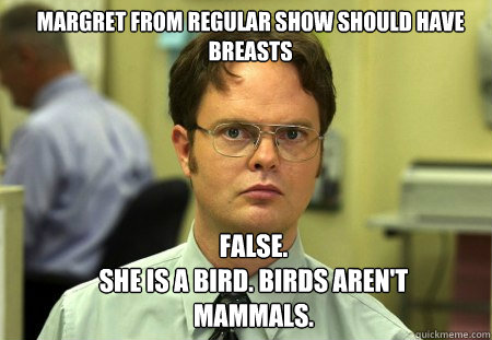 Margret from regular show should have breasts FALSE.  
She is a bird. birds aren't mammals.   Schrute