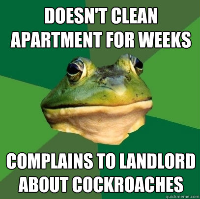 doesn't clean apartment for weeks Complains to landlord about cockroaches  Foul Bachelor Frog