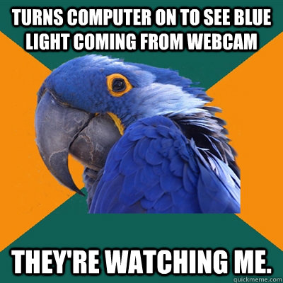 Turns computer on to see blue light coming from webcam they're watching me.  Paranoid Parrot