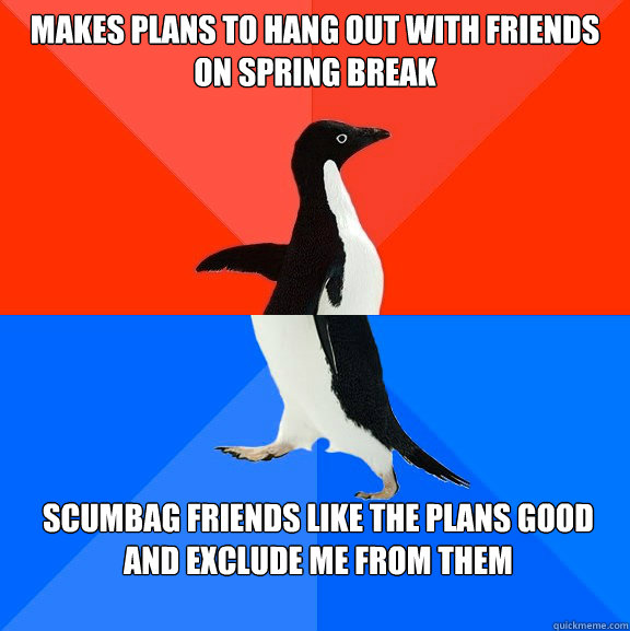 Makes plans to hang out with friends on spring break scumbag friends like the plans good and exclude me from them  Socially Awesome Awkward Penguin
