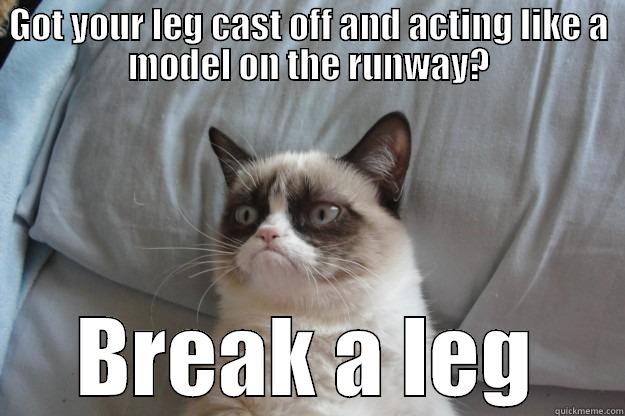 GOT YOUR LEG CAST OFF AND ACTING LIKE A MODEL ON THE RUNWAY? BREAK A LEG Grumpy Cat