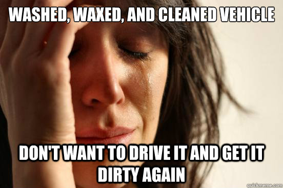 Washed, waxed, and cleaned vehicle Don't want to drive it and get it dirty again  First World Problems