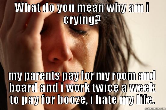 WHAT DO YOU MEAN WHY AM I CRYING? MY PARENTS PAY FOR MY ROOM AND BOARD AND I WORK TWICE A WEEK TO PAY FOR BOOZE, I HATE MY LIFE. First World Problems
