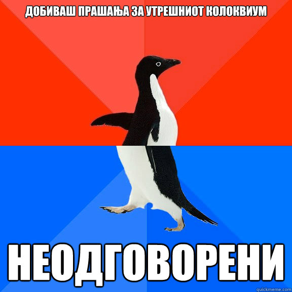 добиваш прашања за утрешниот колоквиум нk  Socially Awesome Awkward Penguin