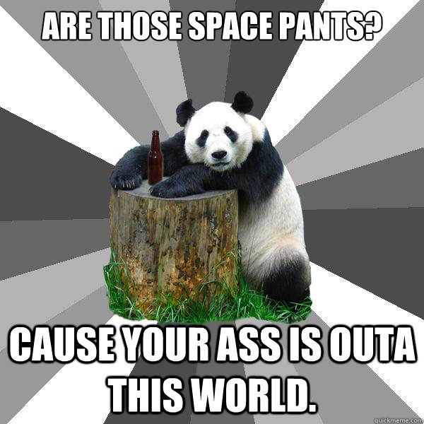 Are those space pants? Cause your ass is outa this world.  Pickup-Line Panda
