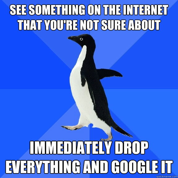 See something on the internet that you're not sure about immediately drop everything and google it  Socially Awkward Penguin