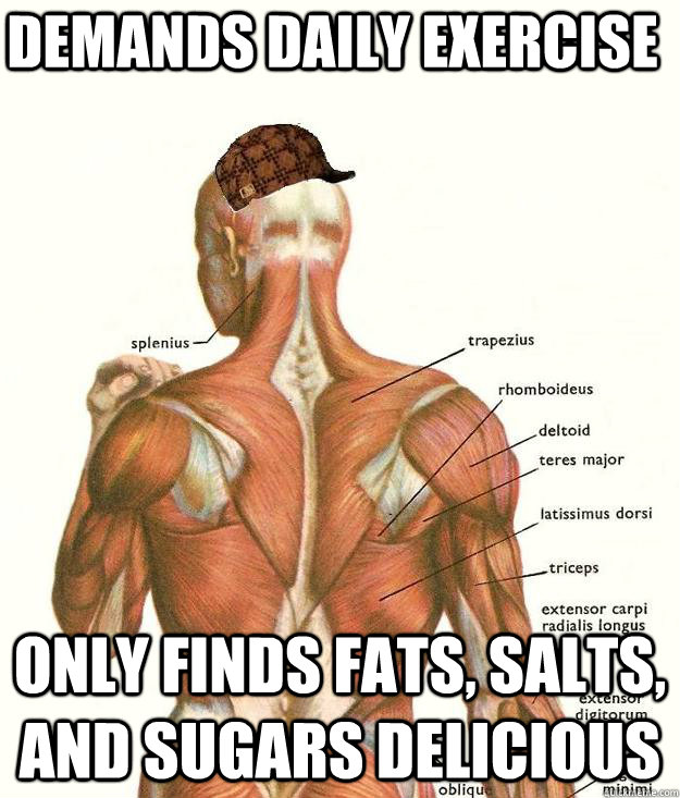 Demands daily exercise  Only finds fats, salts, and sugars delicious  Scumbag body