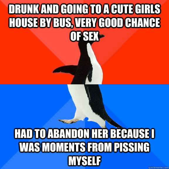 Drunk and going to a cute girls house by bus, very good chance of sex Had to abandon her because I was moments from pissing myself  Socially Awesome Awkward Penguin