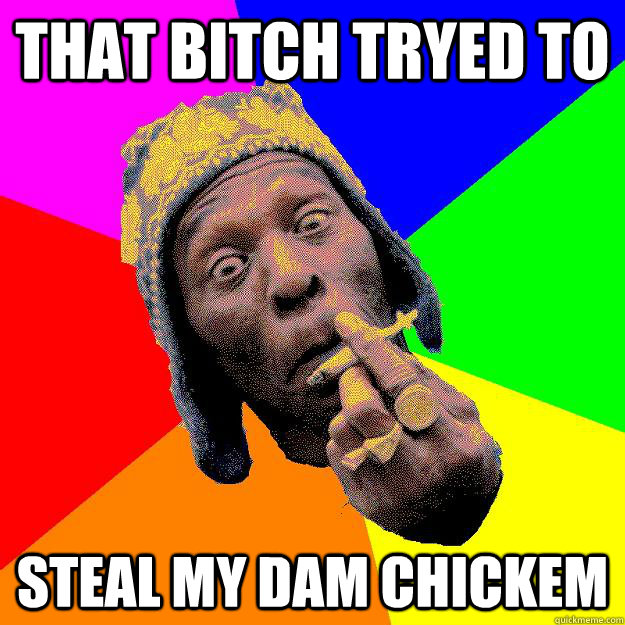 That bitch tryed to steal my dam chickem  