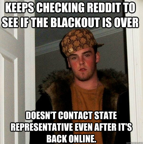 Keeps checking reddit to see if the blackout is over Doesn't contact state representative even after it's back online.  Scumbag Steve