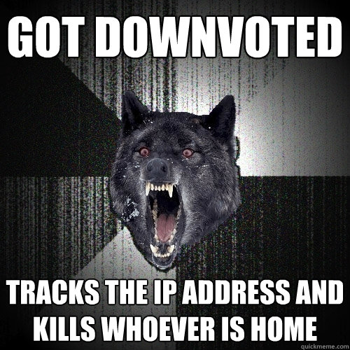 got downvoted tracks the ip address and kills whoever is home  Insanity Wolf
