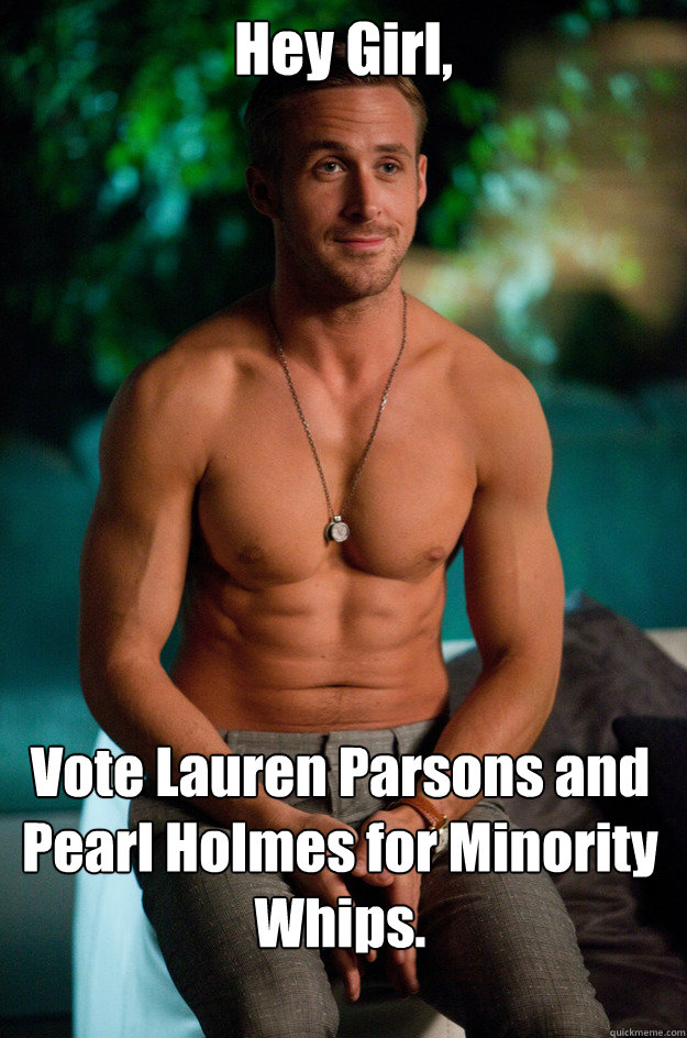 Hey Girl, Vote Lauren Parsons and Pearl Holmes for Minority Whips.  Ryan Gosling Birthday Sex