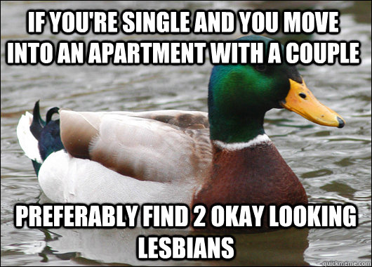 If you're single and you move into an apartment with a couple  Preferably find 2 okay looking lesbians  Actual Advice Mallard