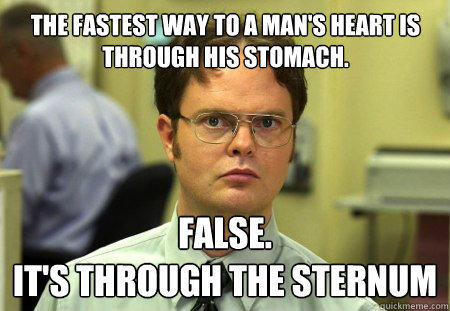 the fastest way to a man's heart is through his stomach. false.
it's through the sternum - the fastest way to a man's heart is through his stomach. false.
it's through the sternum  Schrute