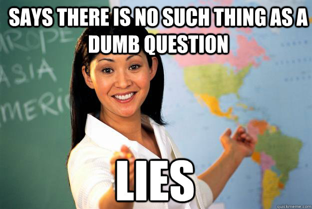 Says there is no such thing as a dumb question lies  Unhelpful High School Teacher