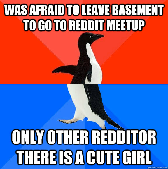 was afraid to leave basement to go to reddit meetup only other redditor there is a cute girl - was afraid to leave basement to go to reddit meetup only other redditor there is a cute girl  Socially Awesome Awkward Penguin